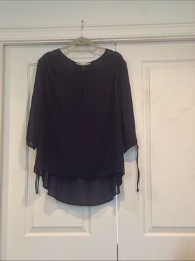 Black Semi-Sheer High-Low Blouse with Tie Sleeve Detail